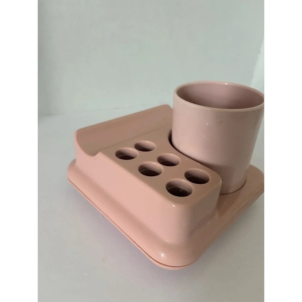 Vintage Pink Mauve Plastic Bathroom Set Toothbrush Holder Cup